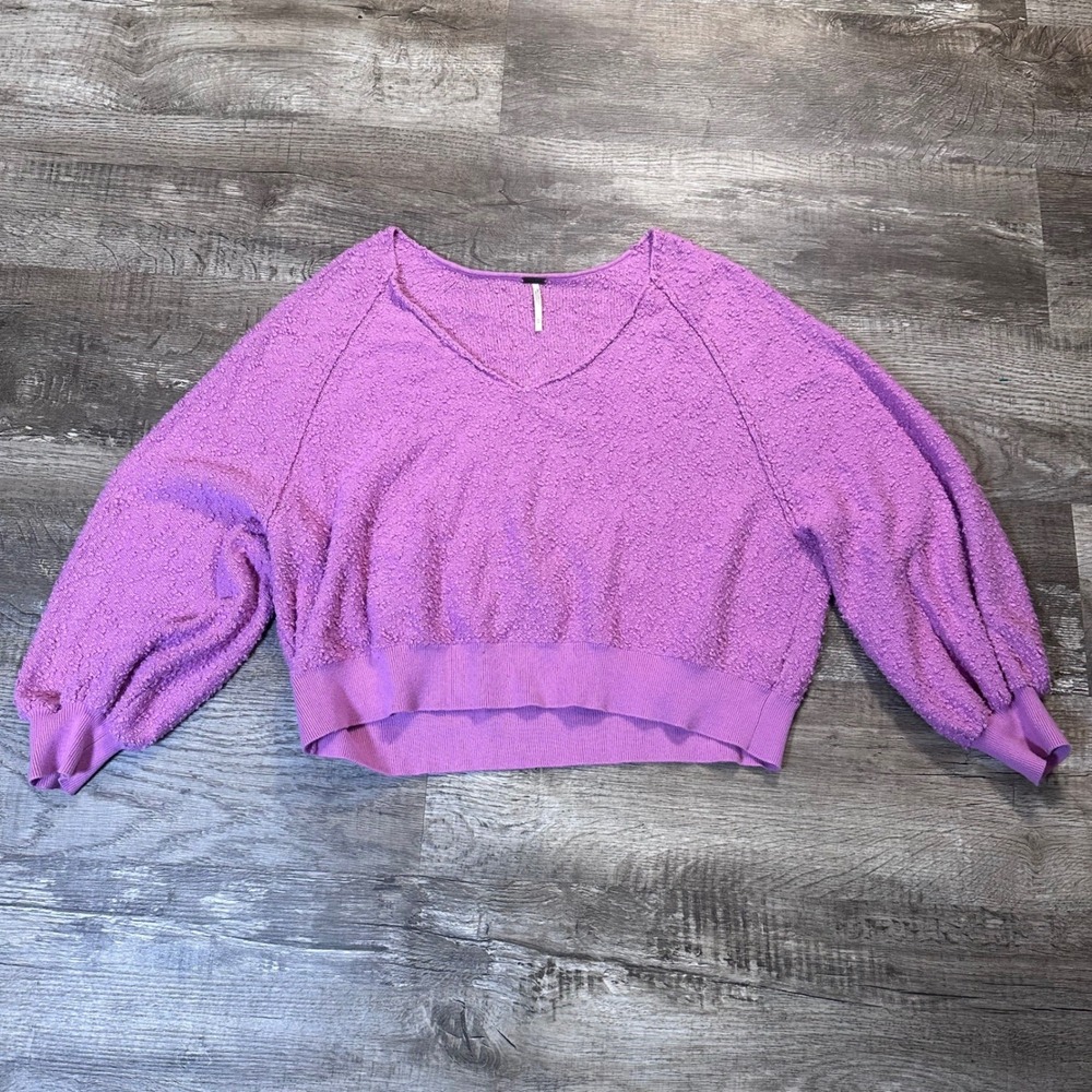 Free People Found My Friend V-Neck Boucle Balloon Sleeve Sweater Orchid Pink M